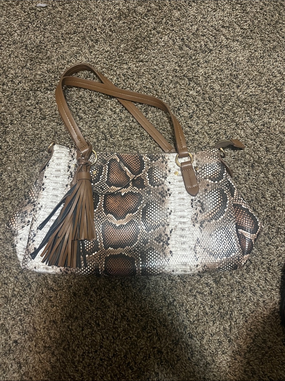 Boutique faux Python-Print Shoulder Bag with Tassel in Brown and Cream